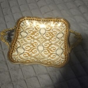Antique Elegant Gold and White Decorative Dish with metal Handles And Trim